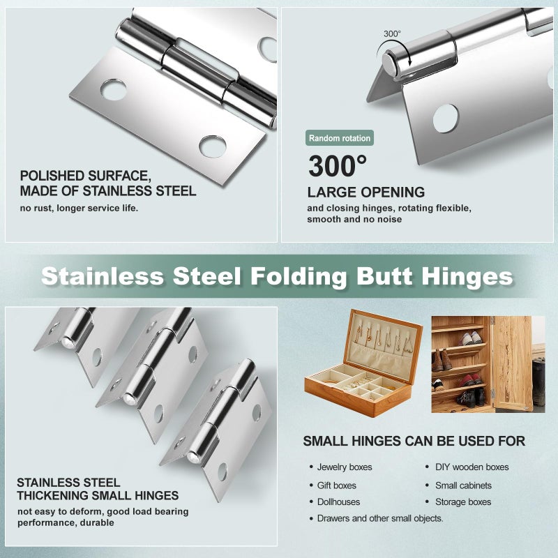 VUTHLRV 14 Sets Small Hinges with Screws  Stainless Steel Jewelry Box Hinges Silver  1 in Mini Hinges for Wooden Box  Folding Butt Hinges  Miniature Hinges  Jewelry Box Hardware Hinges - Image 2